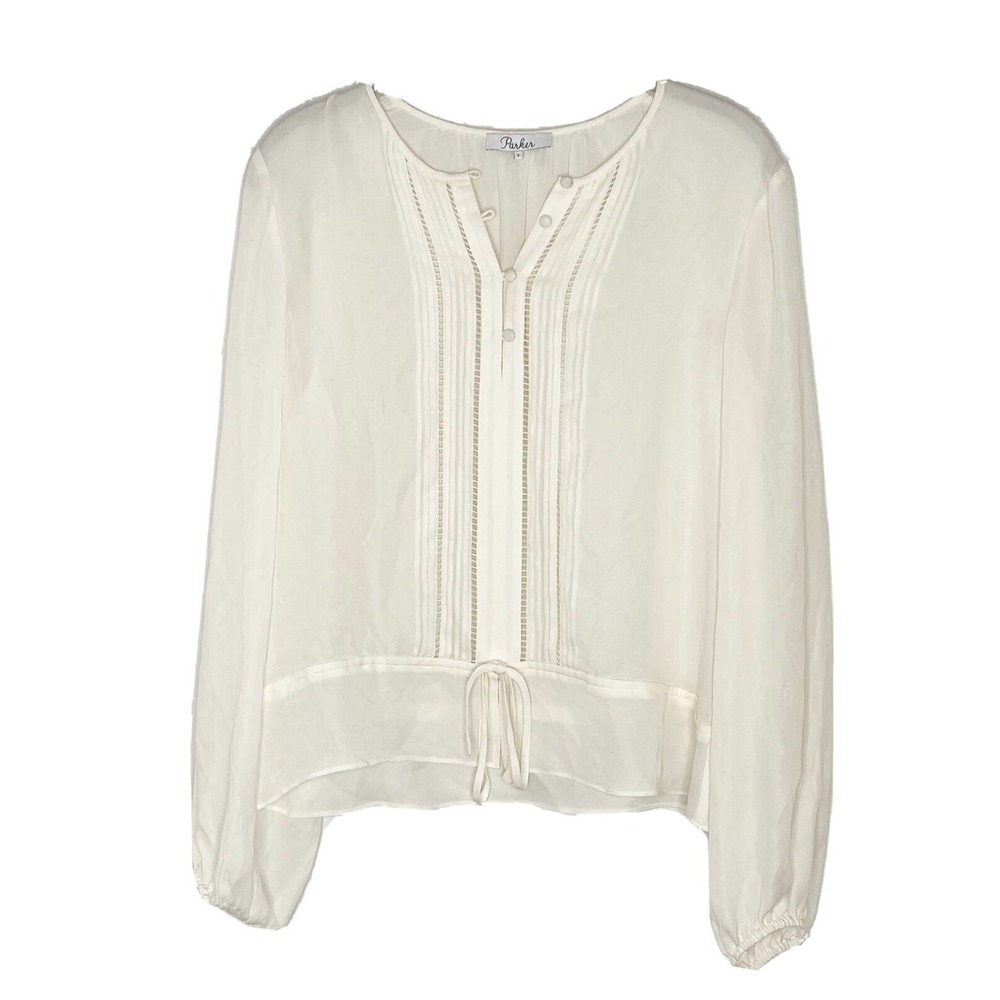 Parker Women Ivory Long Sleeve 100% Silk Button Boho Blouse Top Sz Small O1 - Picture 1 of 8